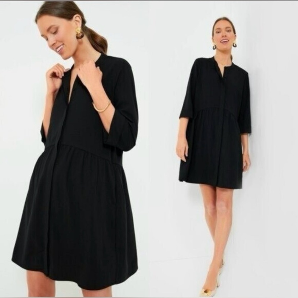 Tuckernuck Black Stretch Crepe Royal Shirt Dress 3/4 Sleeves- Small - Picture 4 of 16